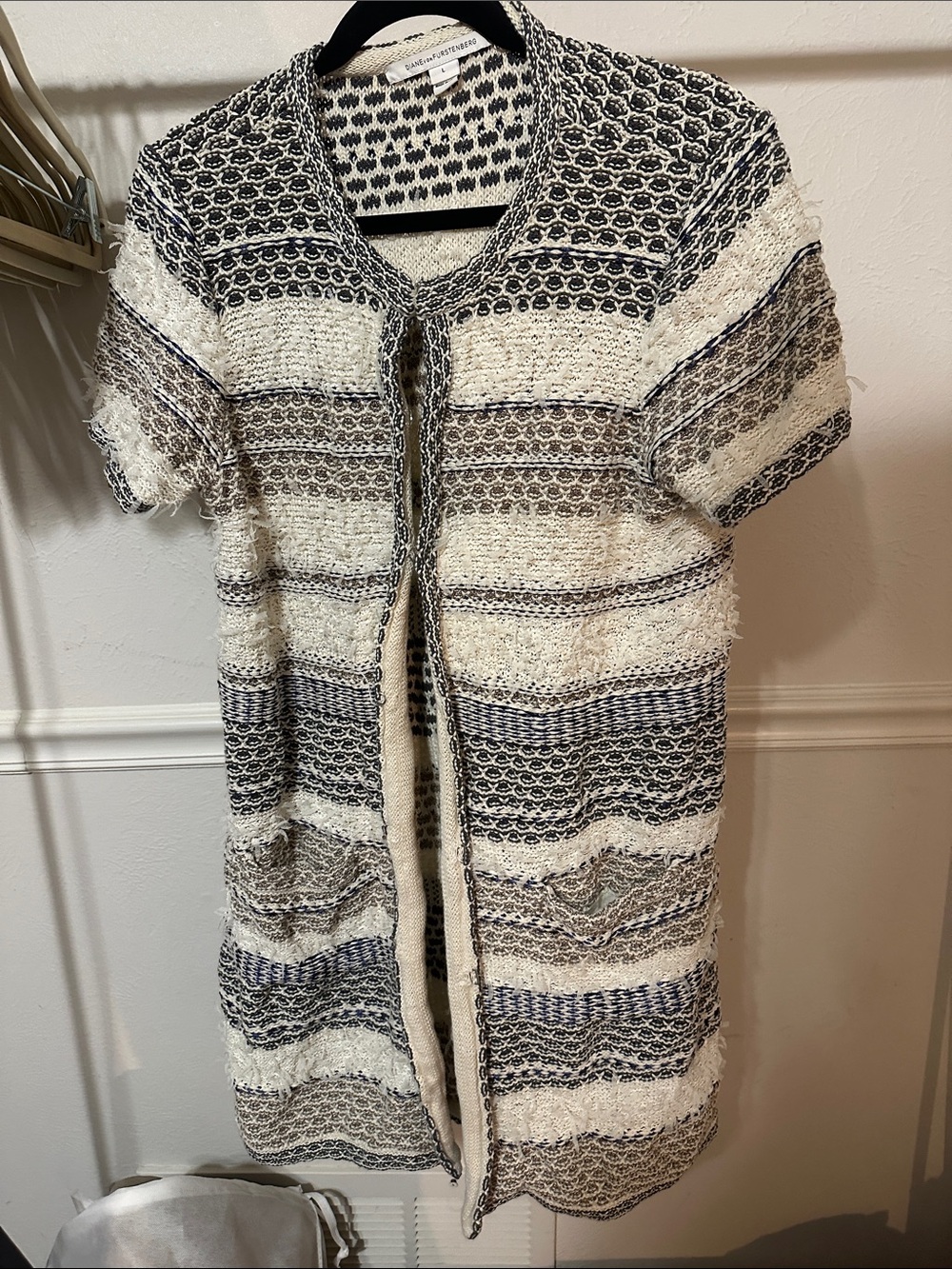 Diane von Furstenberg Short-Sleeve Bouclé Coatigan in Cream & Black